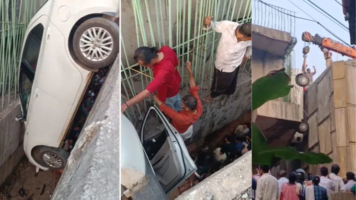 drunk driver car stuck on incomplete flyover in kannur