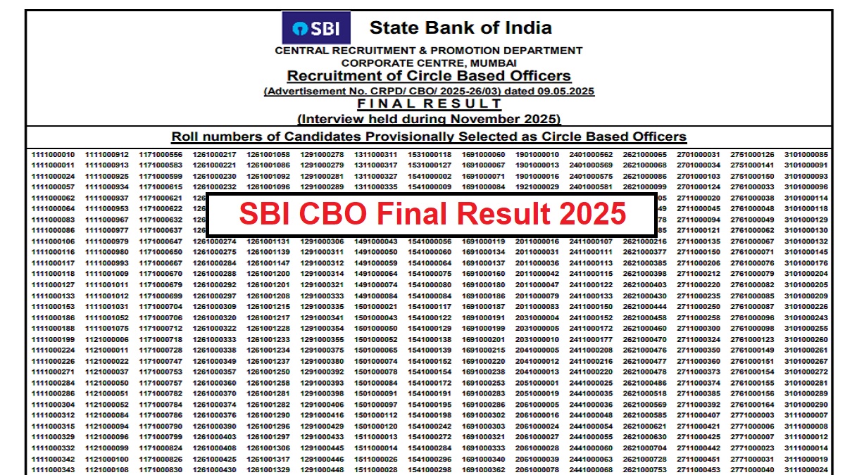 sbi cbo result 2025 sbi cbo final merit list released check roll number wise result here