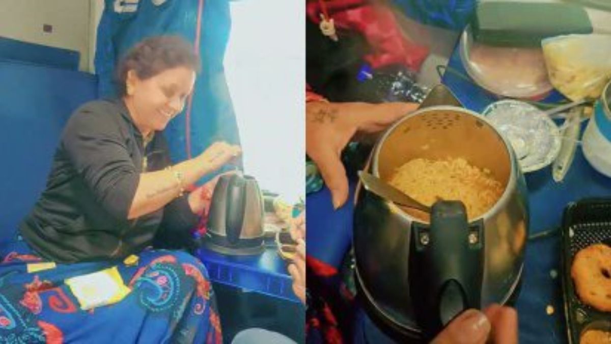 woman cooks noodles using electric kettle inside train central railway initiates action