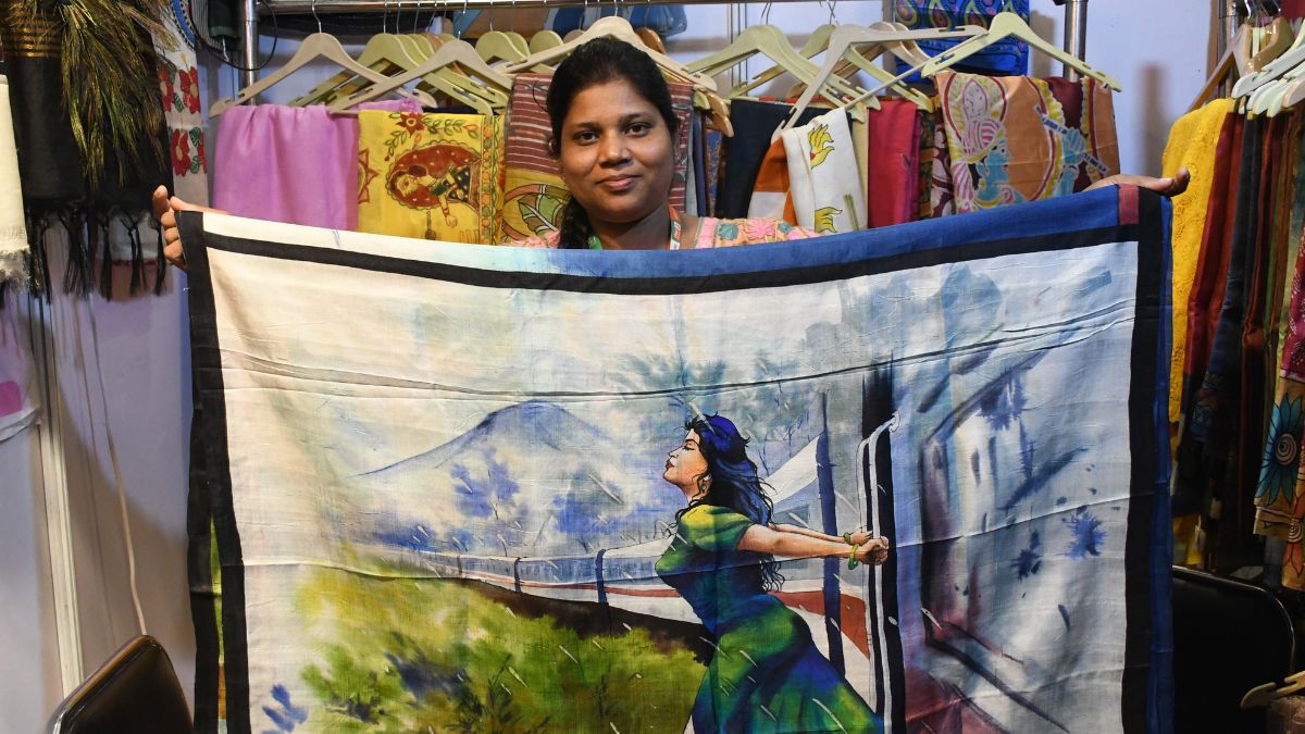 unique sarees at international trade fair religious film themes