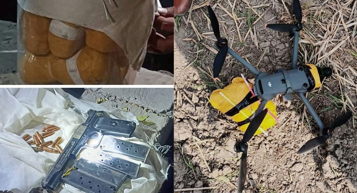 pistol drone hexacopter and 65 kg heroin recovered at punjab border by bsf