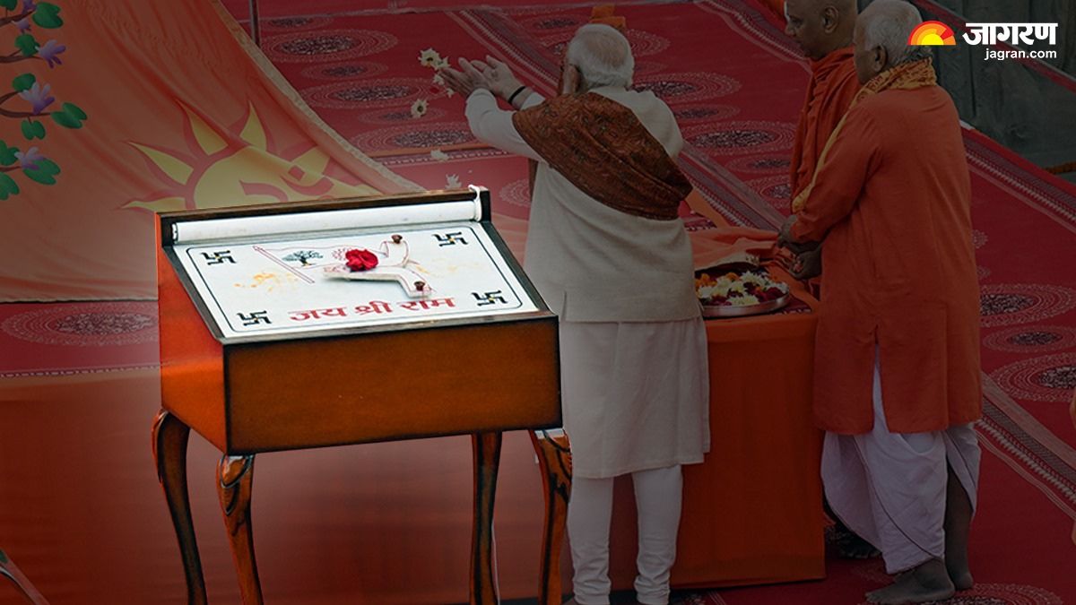 no switch or rope pm modi rotated the machine from left to right and hoisted the religious flag on the peak of ram temple