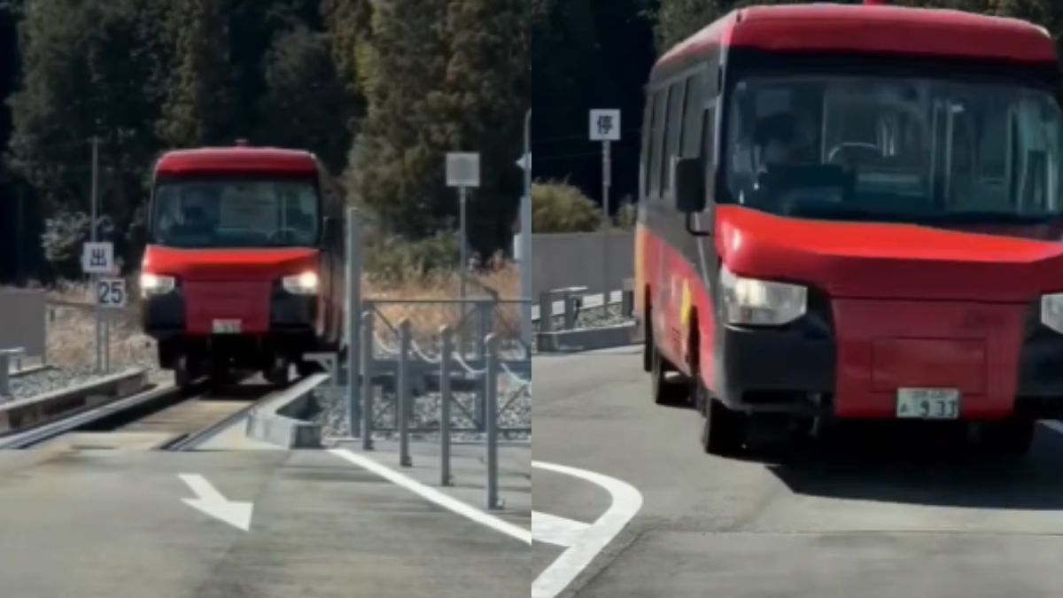 japans dual mode vehicle turns from bus to train in 15 seconds runs at 60 kmh speed on track
