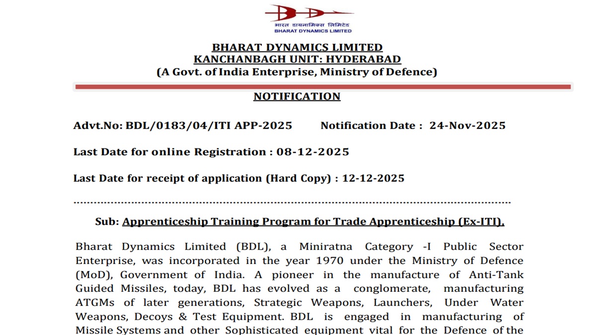 apprentice recruitment 2025 apply soon for bharat dynamics for apprentice and 10th pass candidate have opportunity to apply