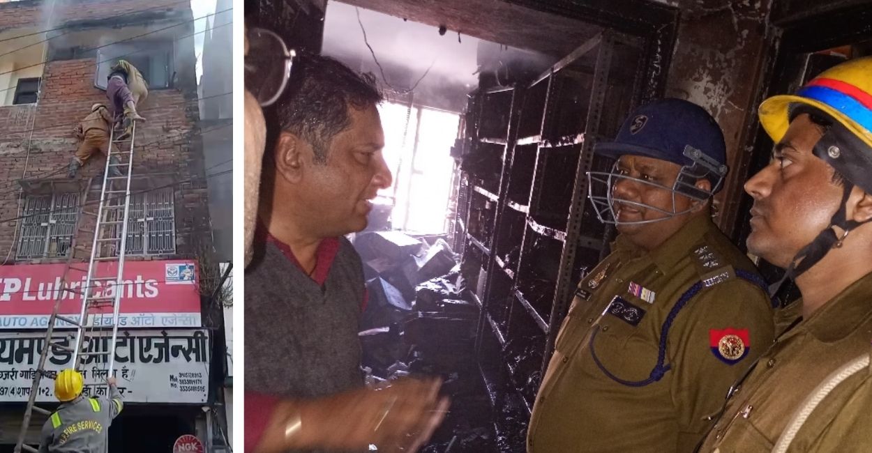 kanpur bakarmandi auto parts warehouse massive fire elderly man rescued from second floor