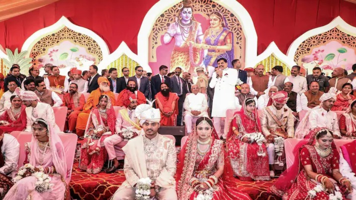 cm mohan yadavs sons wedding at mass ceremony with baba ramdev