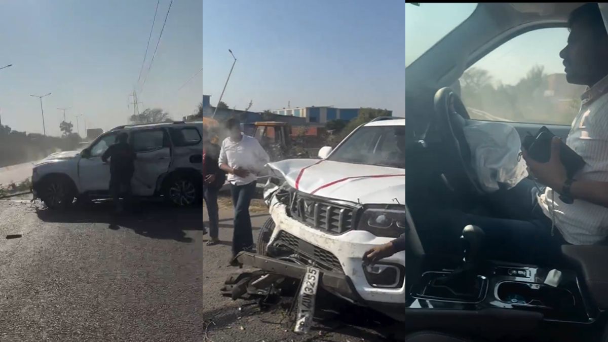 mahindra scorpion crashes into stray cow airbags save driver viral video explained