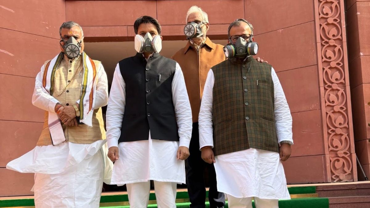 haryana congress mps arrive in parliament wearing masks demand special discussion on pollution in the house