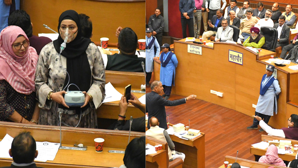 delhi air pollution aap attacks bjp in mcd councilor uses nebulizer