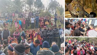 पौड़ी के गजल्ड गांव में गुलदार के हमले के बाद एकजुट होकर प्रदर्शन करते ग्रामीण। जागरण