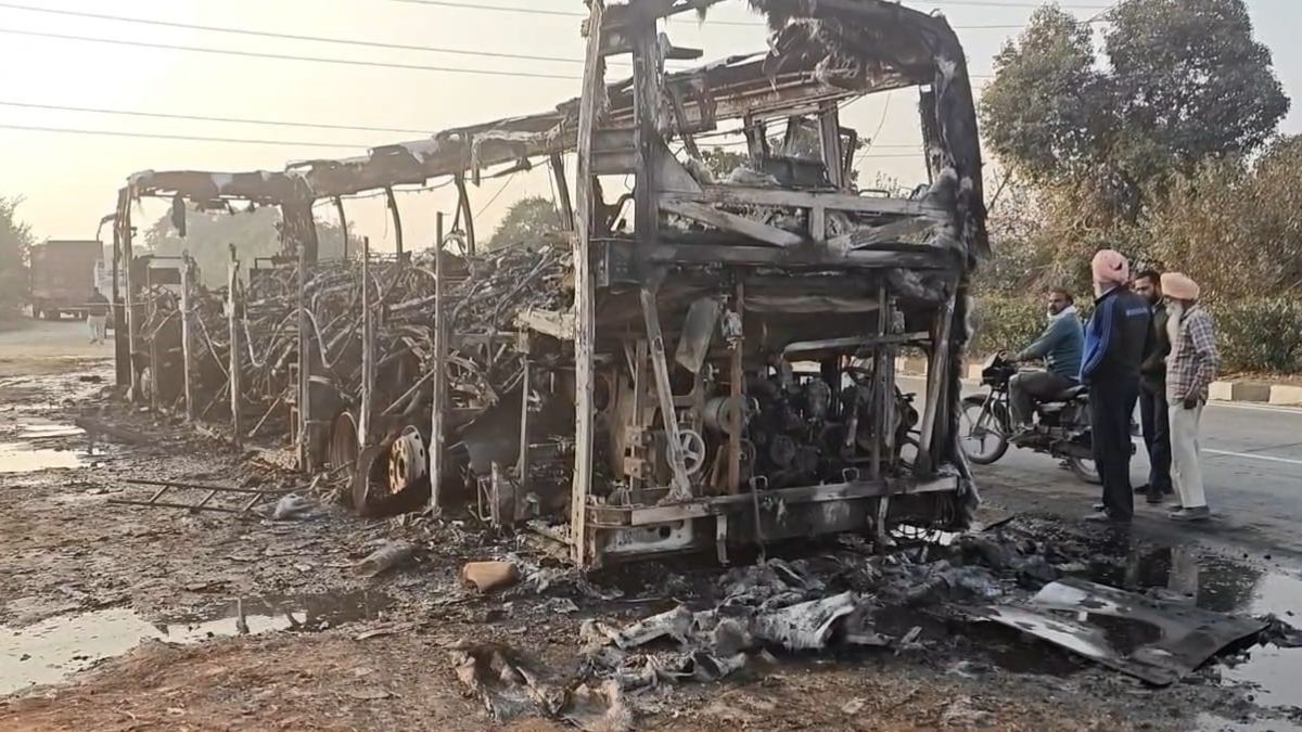 ac bus carrying 40 passengers from chandigarh to bathinda caught fire causing panic