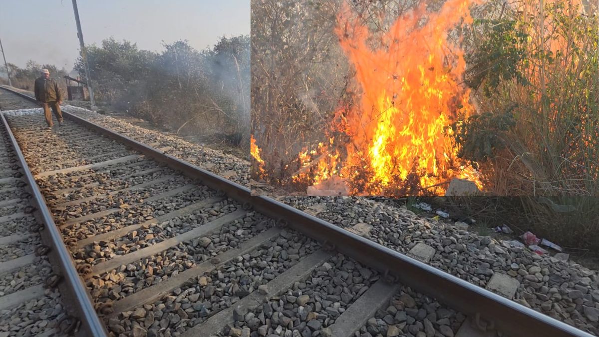 massive fire breaks out along railway track in samba halts train movement smoke spreads across the area