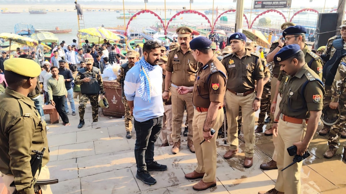 varanasi police foot patrol security check at ganga ghat