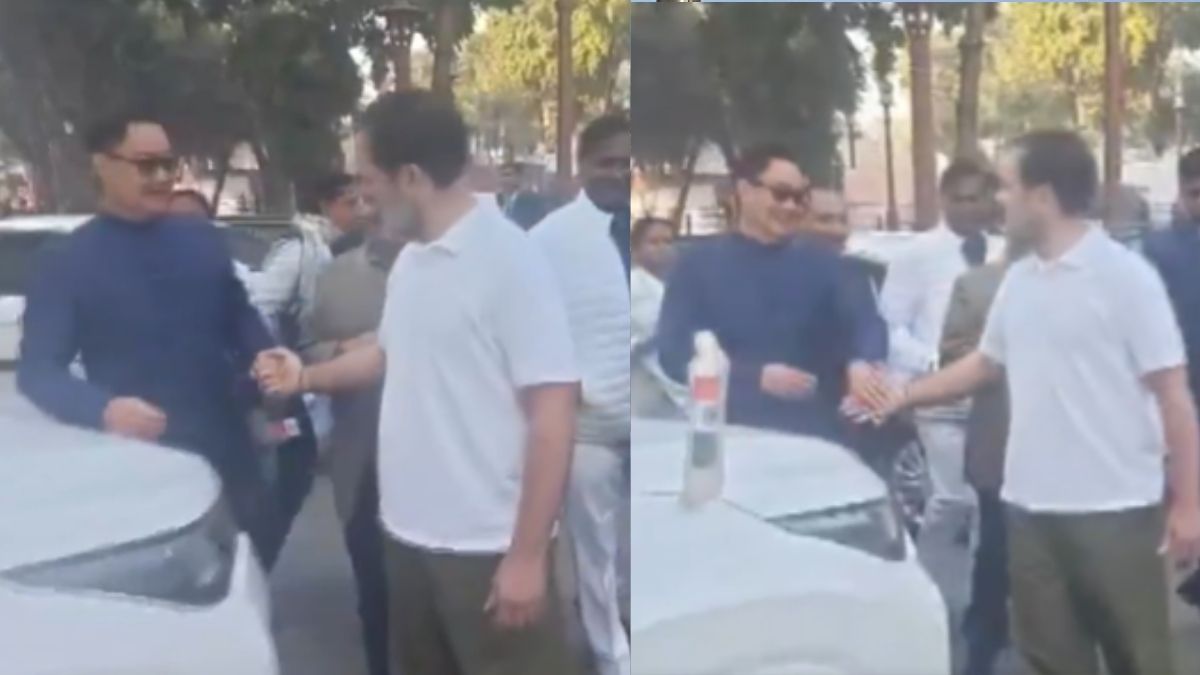 rahul gandhi and kiren rijiju cordial meeting in parliament