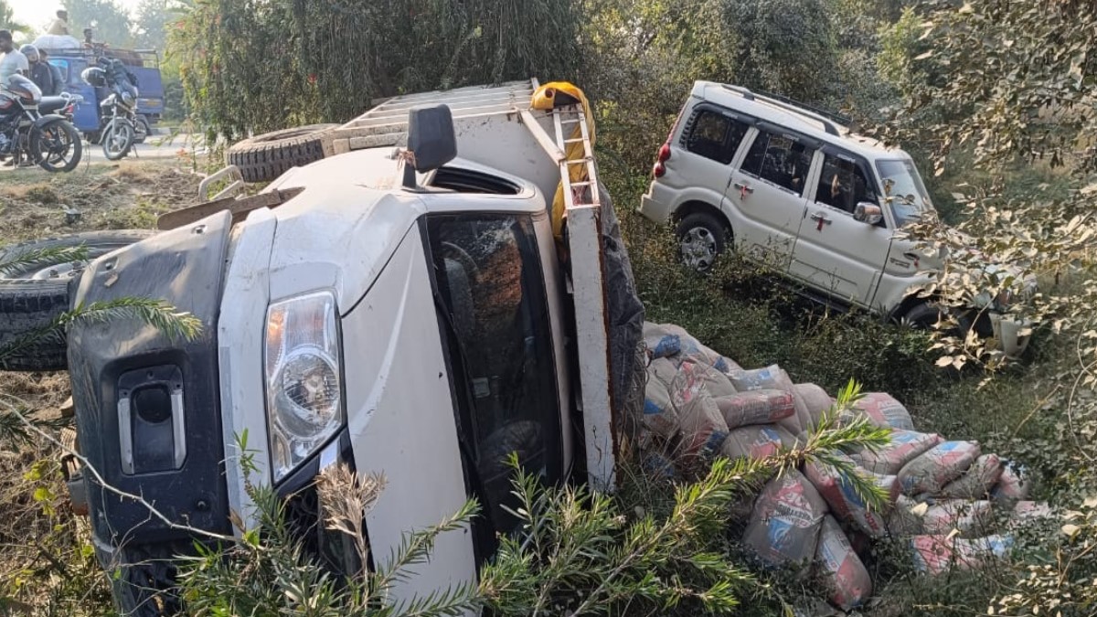 varanasi accident cement truck collision damages three vehicles