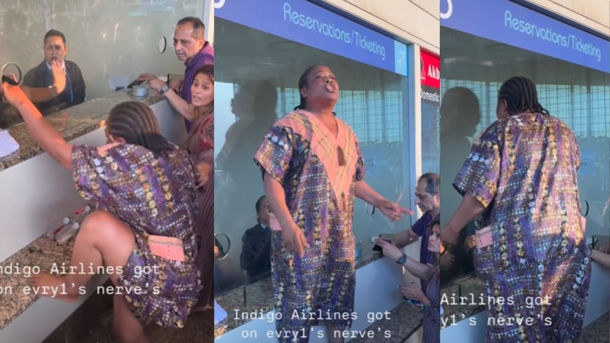 african woman climbs indigo counter at mumbai airport amid flight cancellations