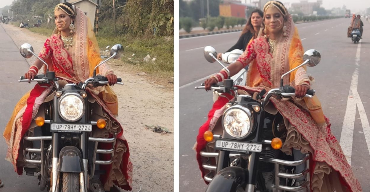 bride look girl riding bullet on prayagraj kanpur highway video goes viral