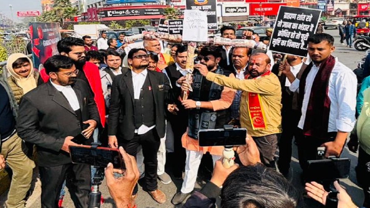 brahmin community protest in prayagraj for ias officers offensive remarks