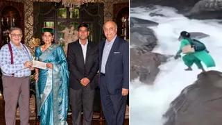 हिमाचल की स्वास्थ्य कार्यकर्ता को सम्मानित करते सीरम कंपनी के अधिकारी व कमला देवी का नाला पार करने का वायरल फोटो।
