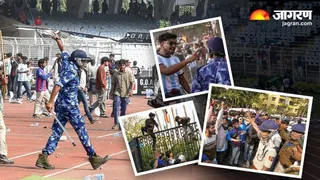 कोलकाता में मेसी के कार्यक्रम में भारी बवाल। (फोटो-जागरण ग्राफिक्स