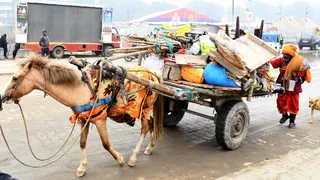 Magh Mela 2026 प्रयागराज माघ मेला में निकासी के अधिक मार्ग होंगे, रविवार को त्रिवेणी मार्ग से मेला क्षेत्र में सामान लेकर खाक चौक की ओर जाते महात्मा। जागरण