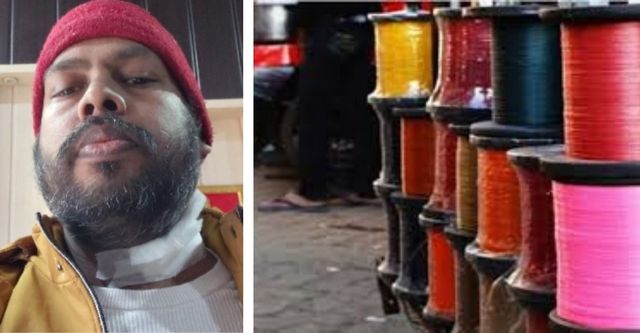 रोक के बावजूद बिक रहा प्रतिबंधित मांझा, फर्रुखाबाद में बाइक सवार व्यापारी के गर्दन में फंसा
