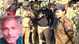 जांच करते पुलिस अधिकारी और इनसेट में किसान