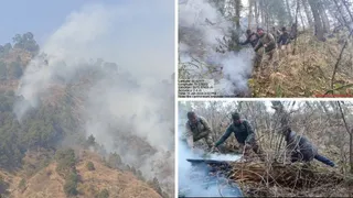 वरुणावत की पहाड़ी में लगी आग से उठता धुआं। फूलों की घाटी रेंज में निचले स्थानों पर लगी आग बुझाते वनकर्मी। वन विभाग