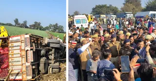 हादसे के बाद खंदक में पलटा ट्रक। झांसी-कानपुर हाईवे पर हादसे के बाद लोगों को समझाते जिलाधिकारी व पुलिस अधीक्षक। जागरण
