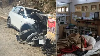 कुल्लू में दिल्ली के पर्यटकों की दुर्घटनाग्रस्त गाड़ी और अस्पताल में उपचाराधीन घायल। जागरण