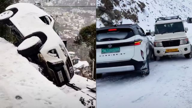 बिना तैयारी बर्फ में ड्राइविंग का दिखा अंजाम, कैरम की गोटियों की तरह फिसली Scorpio और Fortuner