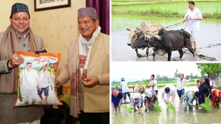 मुख्यमंत्री पुष्कर सिंह धामी ने शुक्रवार को कांग्रेस के वरिष्ठ नेता एवं पूर्व मुख्यमंत्री हरीश रावत को चावल का कट्टा भेंट किया। वहीं, पांच जुलाई 2025 को खटीमा के नगलातराई स्थित अपने खेत में हल जोतते मुख्यमंत्री धामी।