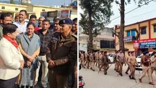 Kotdwar Baba Name Dispute पौड़ी जनपद के कोटद्वार कोतवाली में अपर पुलिस अधीक्षक चंद्रमोहन सिंह से वार्ता करते कांग्रेसी। वहीं, सोमवार शाम नगर क्षेत्र में फ्लैग मार्च करती पुलिस। जागरण