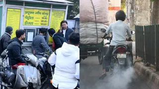 बहादुरशाह जफर मार्ग स्थित पेट्रोल पंप पीयूसी कराते वाहन चालक। जागरण