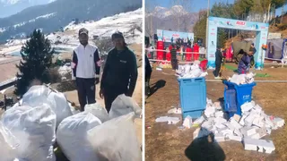 औली की बर्फीली ढलानों मे कूड़ एकत्रित करते लोग। वहीं, औली में एकत्रित कूड़ा को डंपिग जोन ले जाते नगर पालिका कर्मी। जागरण