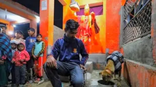 गांव नंदपुर स्थित हनुमान मंदिर परिसर में अश्वनी सैनी के साथ मौजूद कुत्ता भैरव।