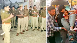 मीरानपुर कटरा में गोली लगने की सूचना पर पहुंची पुलिस और घायल नैतिक जायसवाल को ले जाते लोग