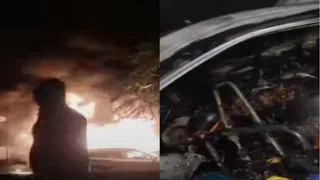 सीएनजी कार में ब्लास्ट के बाद आग।