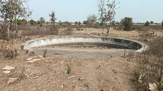 प्रयागराज में मेजा के चांद खमरिया स्थित काले हिरणों के सरक्षित क्षेत्र में सूखा पड़ा तालाब। जागरण