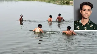 रामगंगा नदी में डूबे मोइस की तलाश करते गोताखोर और इनसेट में मोइस की फाइल फोटो