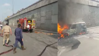 गाजियाबाद के NH-9 पर राहुल विहार के पास एक चलती Scorpio SUV में आग लग गई। जागरण