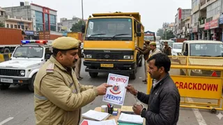 ट्रैफिक पुलिस ने फर्जी परमिट के साथ चल रहे एक मालवाहक को पकड़ा। (एआई से निर्मित ग्राफिक्स)