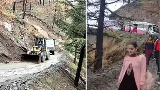 शिमला में चमियाणा अस्पताल मार्ग पर हुआ भूस्खलन और पैदल जाते लोग। जागरण