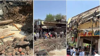 पीएनजी लाइन फूटने से उठा आग का भभका, आसपास की दुकानों का बुरा हाल।