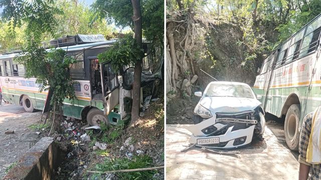 धर्मशाला से होशियारपुर जा रही HRTC बस के ब्रेक फेल, कार को टक्कर मारने के बाद पहाड़ी से टकराई; 50 यात्री थे सवार