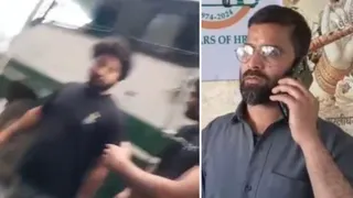 जोगेंद्रनगर में एचआरटीसी बस को रोकने वाले युवक व पीड़ित कंडक्टर।