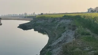 गांव जाजल के पास कटाव कर रही यमुना की धारा और थोड़ी दूर दिखाई दे रहा रेनीवेल। जागरण