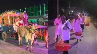 बैलगाड़ी पर निकली बरात और भाड़ ले जाते लोग।