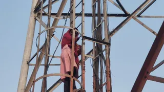 पूर्वी चंपारण के पीपराकोठी में मोबाइल टॉवर पर चढ़ी महिला। जागरण