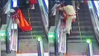 मेट्रो स्टेशन पर एस्केलेटर पर फिसलने से बची महिला (फोटो-सोशल मीडिया)